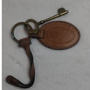 Fossil Brown Leather Oval Logo Fob Brass Skeleton Key Bag Charm Keychain